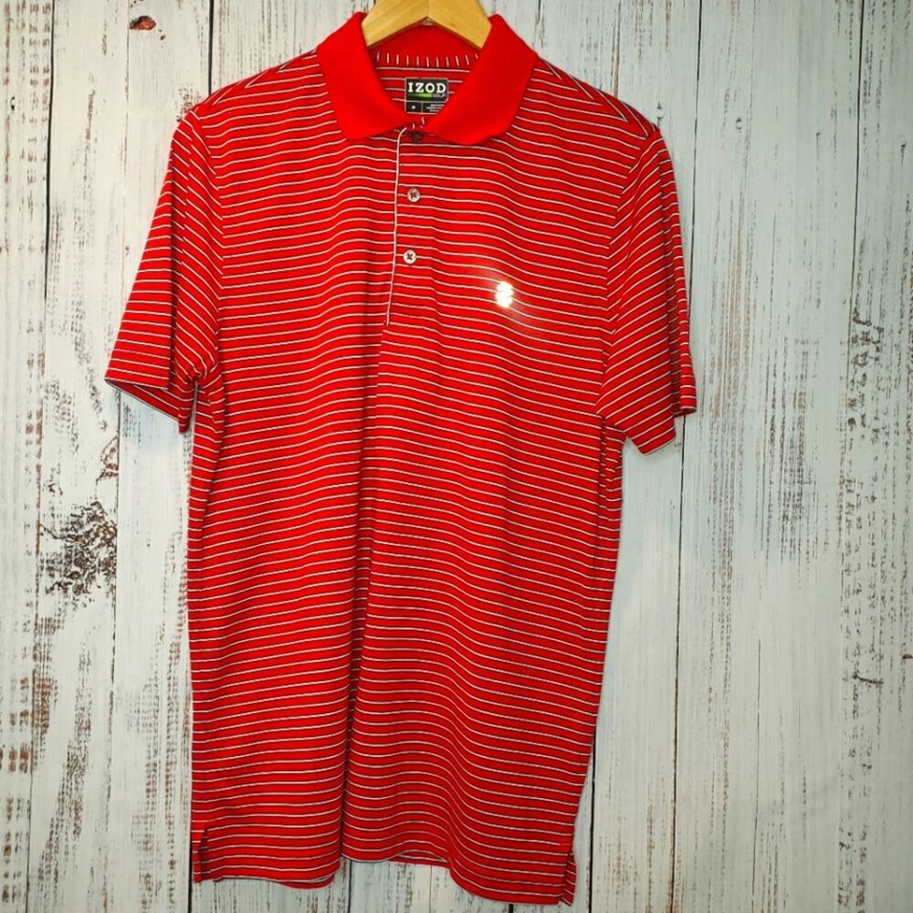 EUC Men's IZOD Golf red stripe short sleeved shirt. Polyester for comfort Sz M